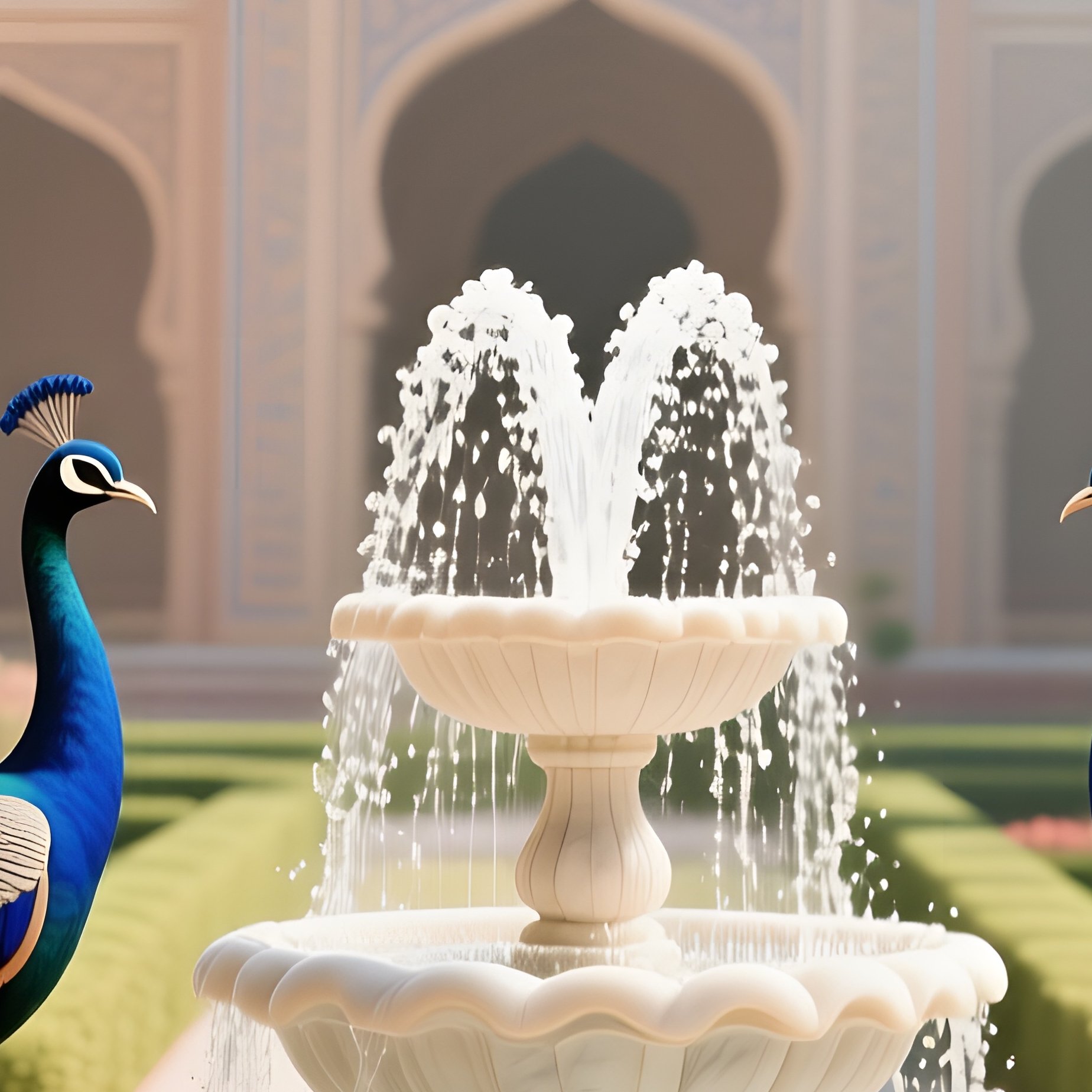 An Opulent Mughal Palace Garden At Midday, Marble Fountains Spouting Crystal Water, Peacocks - Full Resolution Quality Preview