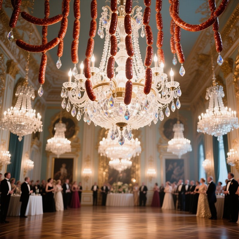An Opulent Palace Ballroom Under Crystal Chandeliers, Displaying A Grand Chandelier Made Entirely