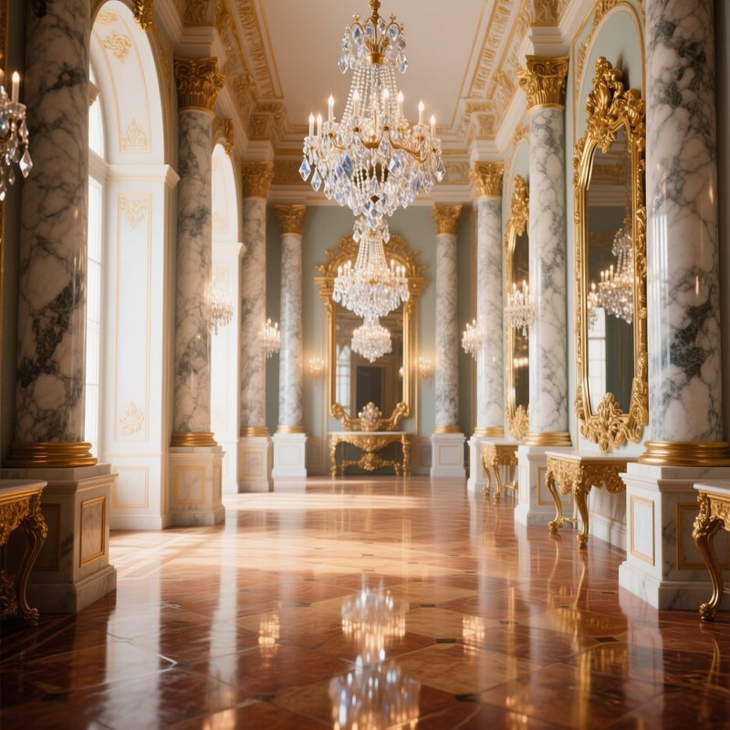 An Opulent Palace Interior With Marble Columns And Gilded Mirrors, Chandeliers Casting Crystal‑Like