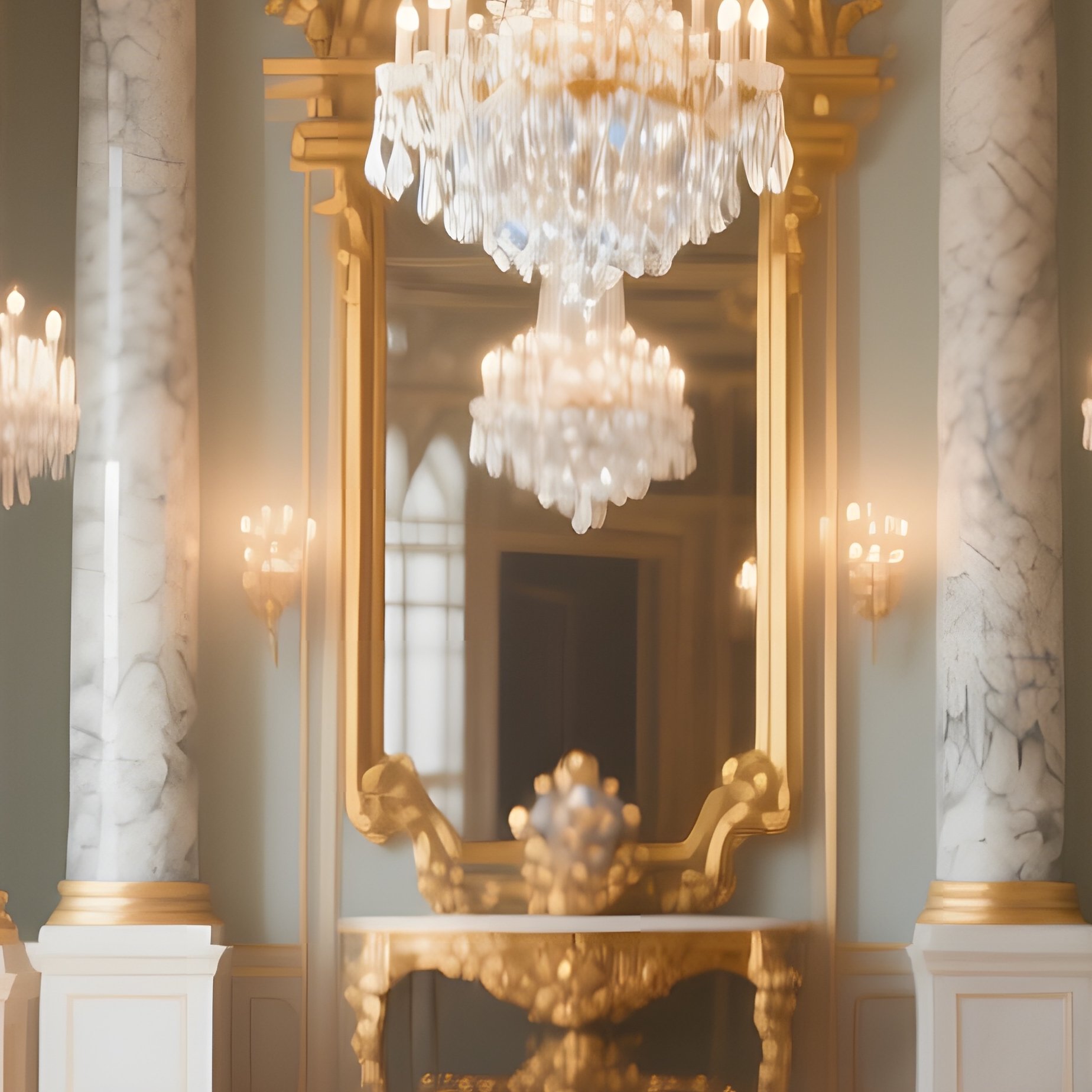 An Opulent Palace Interior With Marble Columns And Gilded Mirrors, Chandeliers Casting Crystal‑Like - Full Resolution Quality Preview