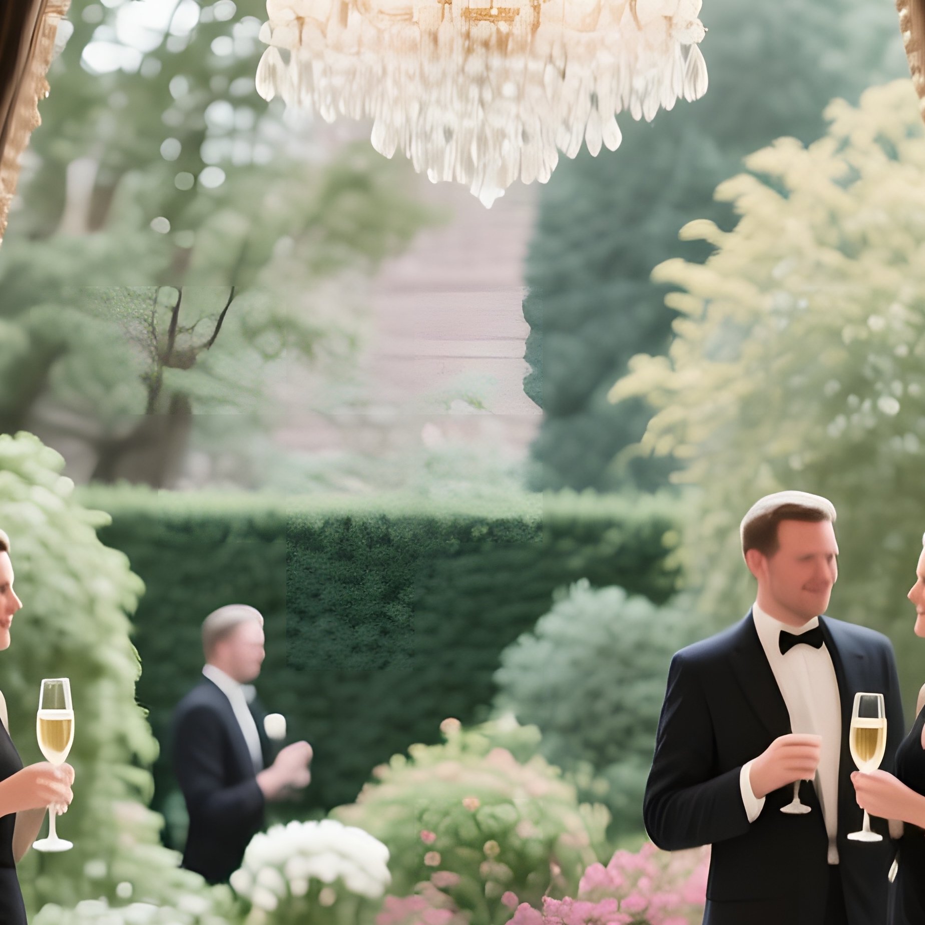 An Opulent Salon With A Grand Piano, Velvet Drapes Pulled Aside To Reveal A Garden View, And Guests - Full Resolution Quality Preview