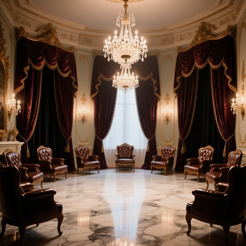 An Opulent Victorian Ballroom Illuminated By Chandeliers, Velvet Drapes And Leather Upholstered
