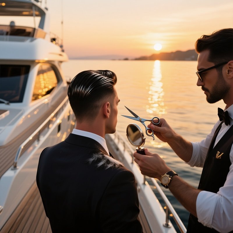 An Opulent Yacht Deck At Sunset, Golden Reflections On Water; A Wealthy Businessman Gets A Polished