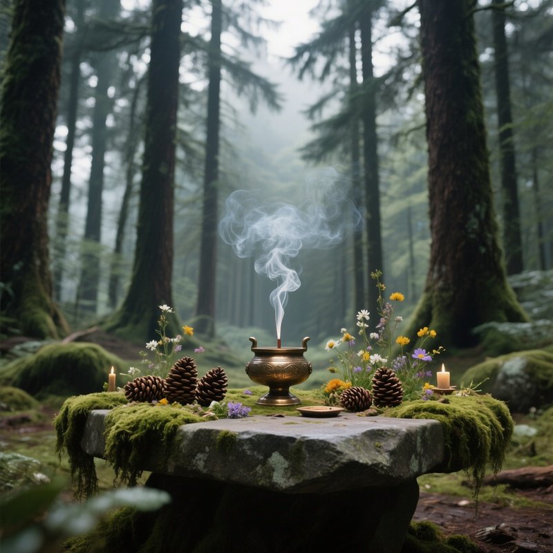 An Outdoor Forest Altar Under A Canopy Of Towering Pines, Moss Covered Stone Table Adorned With