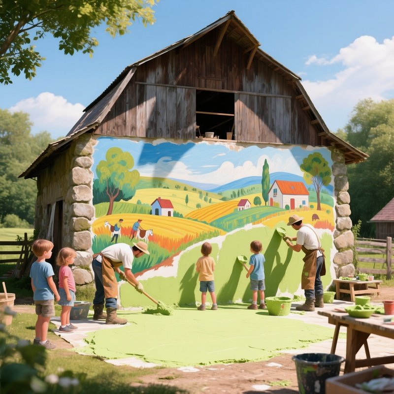 An Outdoor Fresco Workshop On A Warm Summer Afternoon, With Apprentices Laying Fresh Lime Plaster