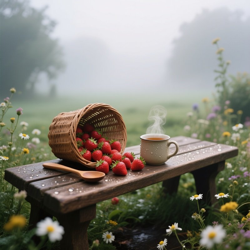 An Outdoor Garden Bench In Early Morning Mist, With A Wicker Basket Spilling Over Fresh