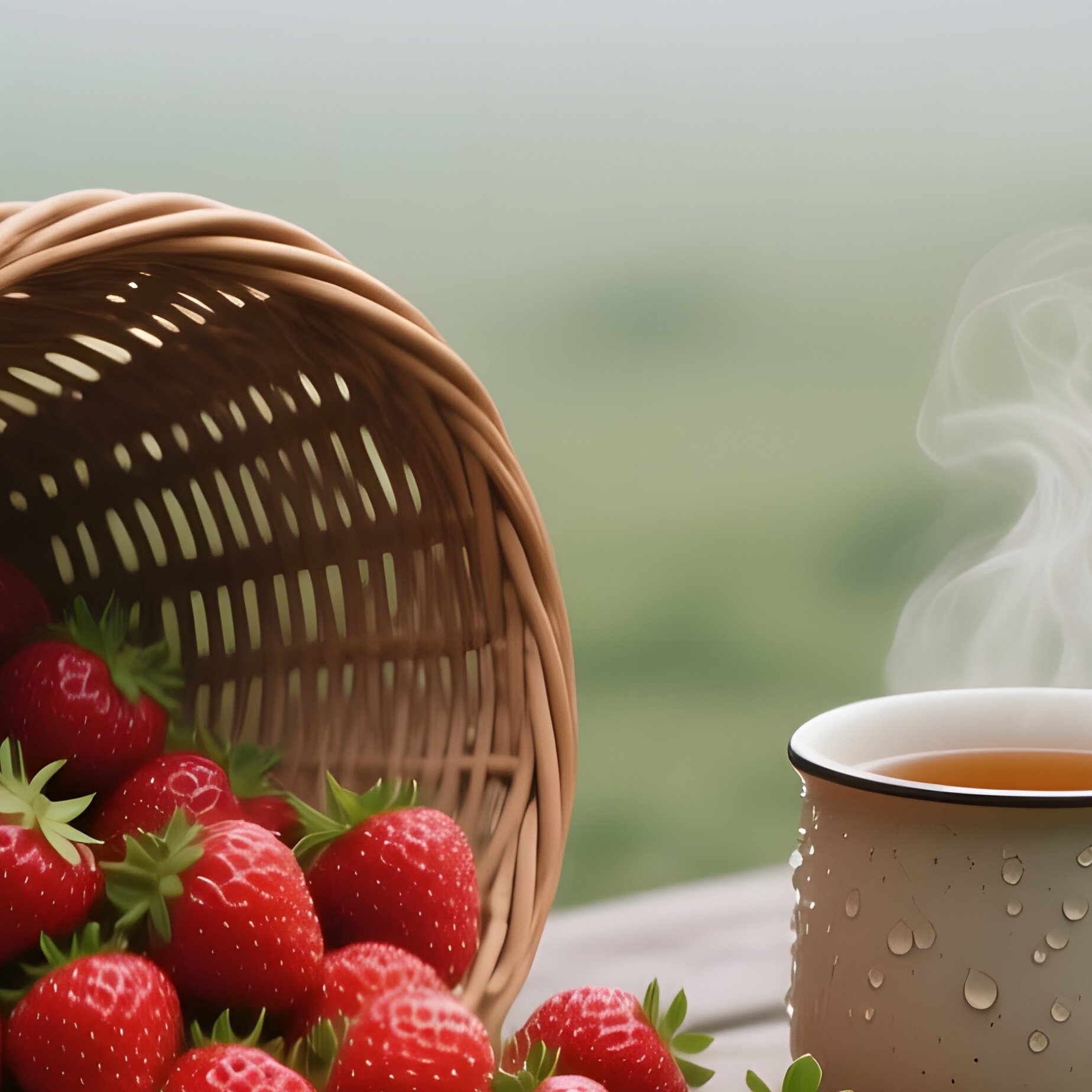 An Outdoor Garden Bench In Early Morning Mist, With A Wicker Basket Spilling Over Fresh - Full Resolution Quality Preview