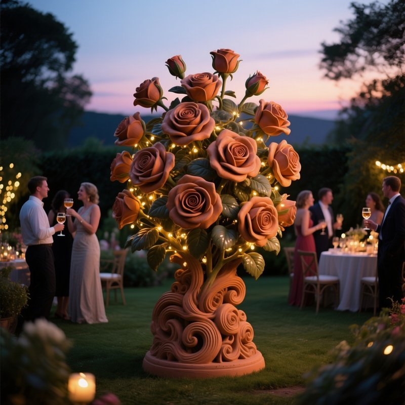 An Outdoor Garden Party At Twilight With Guests Sipping Drinks Beside A Large, Intricately Molded