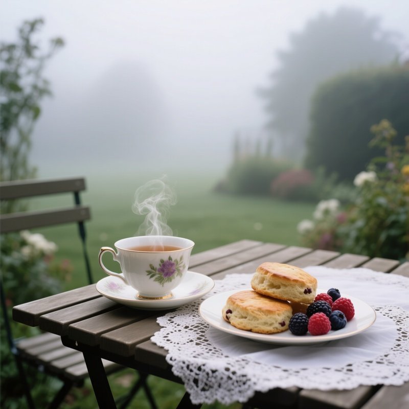 An Outdoor Garden Table In Early Morning Fog, Where A Porcelain Teacup With Steaming Herbal Tea