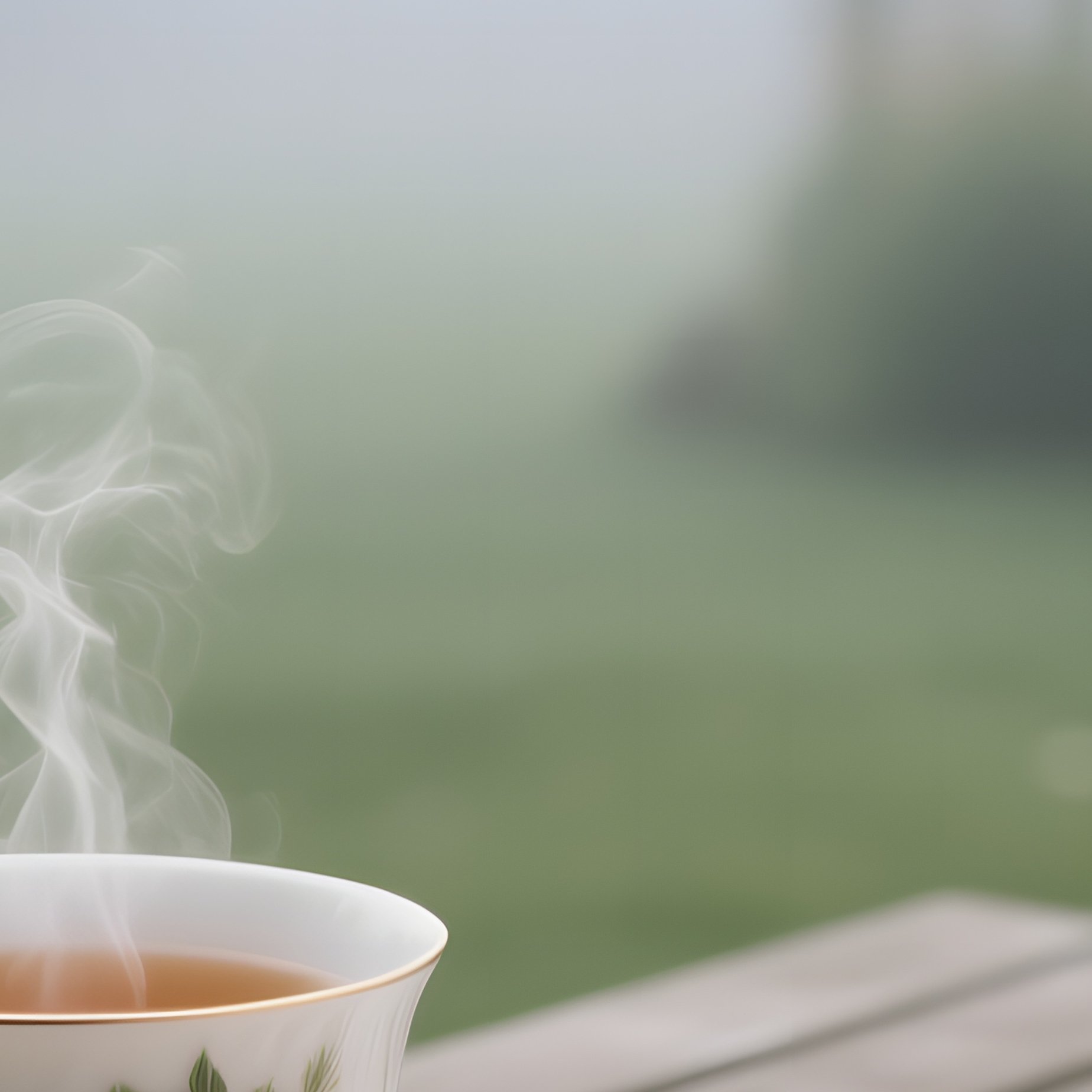 An Outdoor Garden Table In Early Morning Fog, Where A Porcelain Teacup With Steaming Herbal Tea - Full Resolution Quality Preview