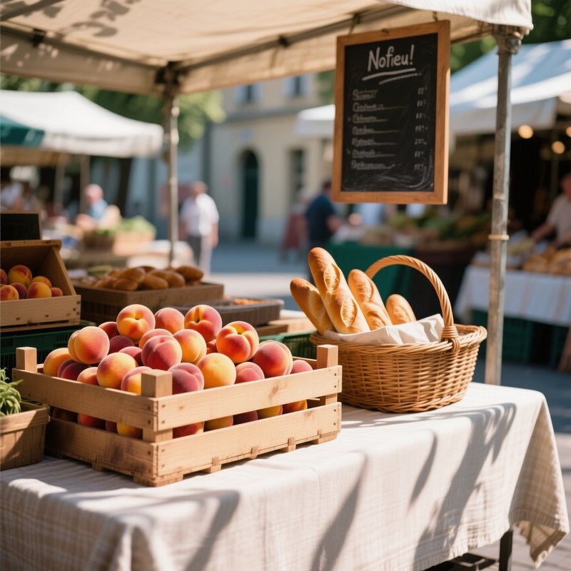An Outdoor Market Stall At Midday, With A Wooden Crate Overflowing With Ripe Peaches, A Wicker