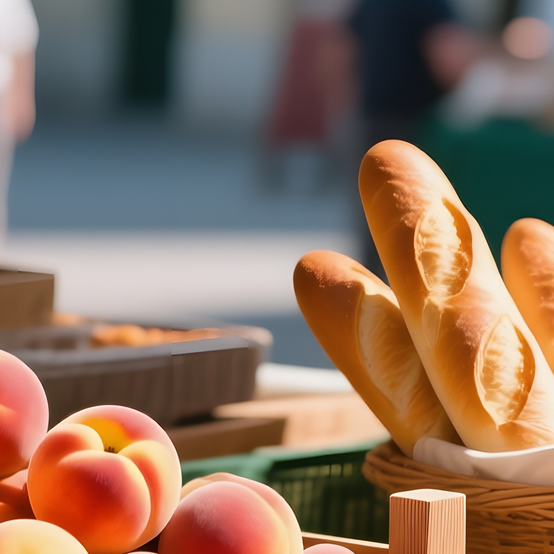 An Outdoor Market Stall At Midday, With A Wooden Crate Overflowing With Ripe Peaches, A Wicker - Full Resolution Quality Preview