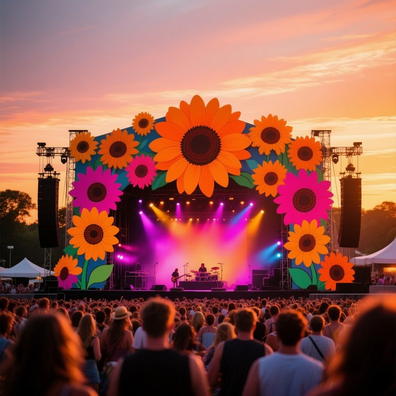An Outdoor Music Festival At Sunset, Stage Backdrop Covered In Giant Pop‑Art Sunflowers In Gradient