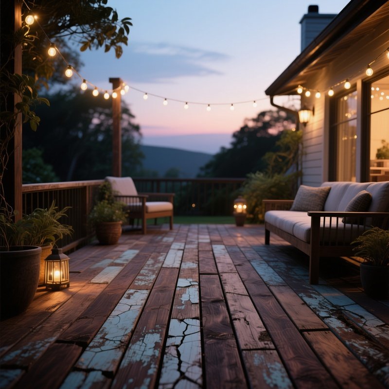 An Outdoor Patio With Reclaimed Teak Decking, Each Board Displaying Weathered Patina And Subtle