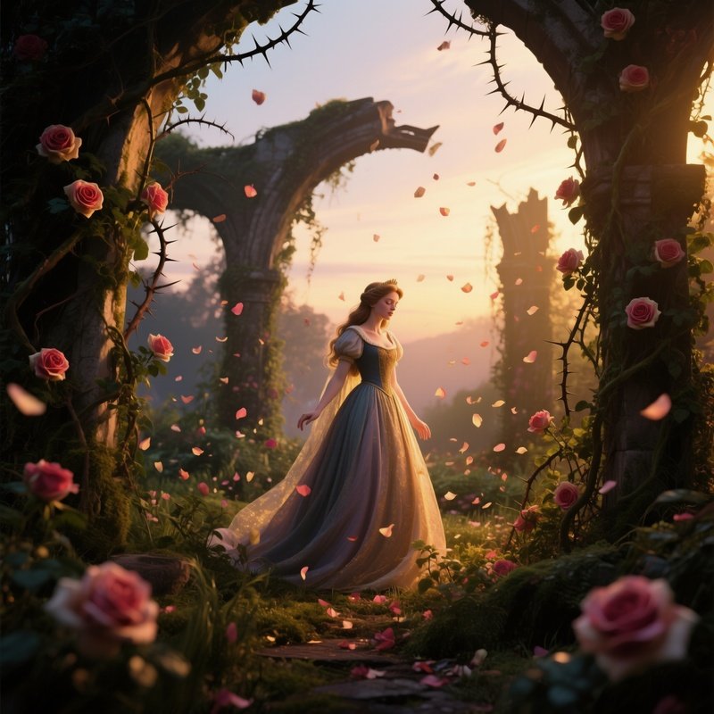 An Overgrown Garden At Twilight Where Sleeping Beauty Awakens Among Vines Of Roses And Thorns,