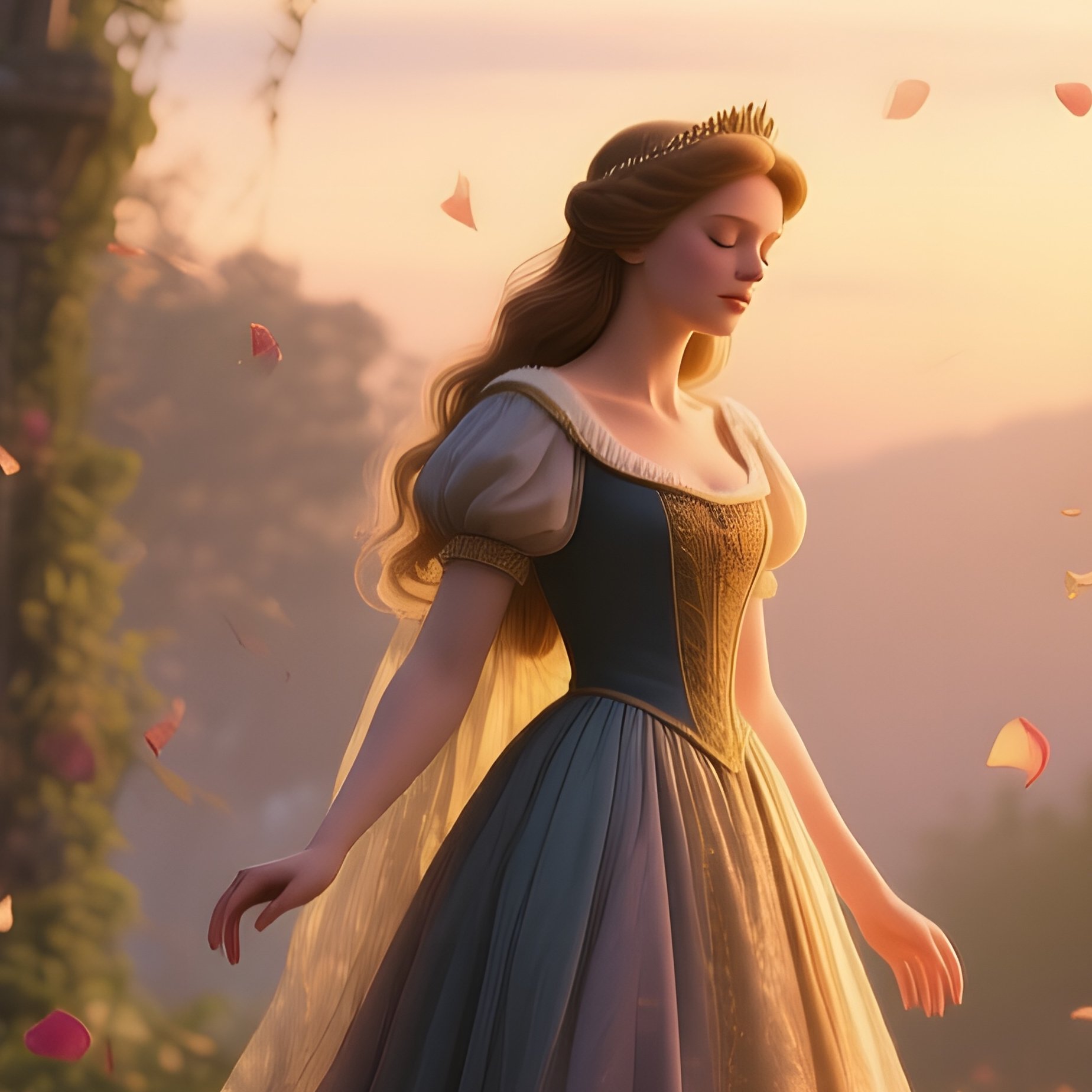 An Overgrown Garden At Twilight Where Sleeping Beauty Awakens Among Vines Of Roses And Thorns, - Full Resolution Quality Preview