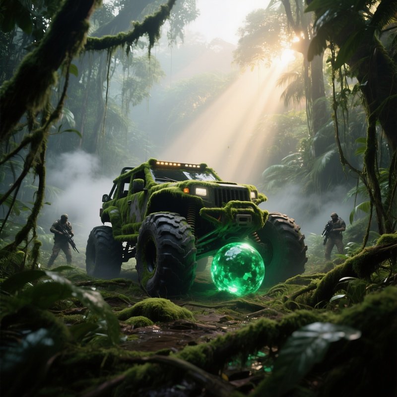 An Overgrown Jungle Clearing At Dawn, Moss‑Covered Off‑Road Vehicles With Towering Tires Pushing A