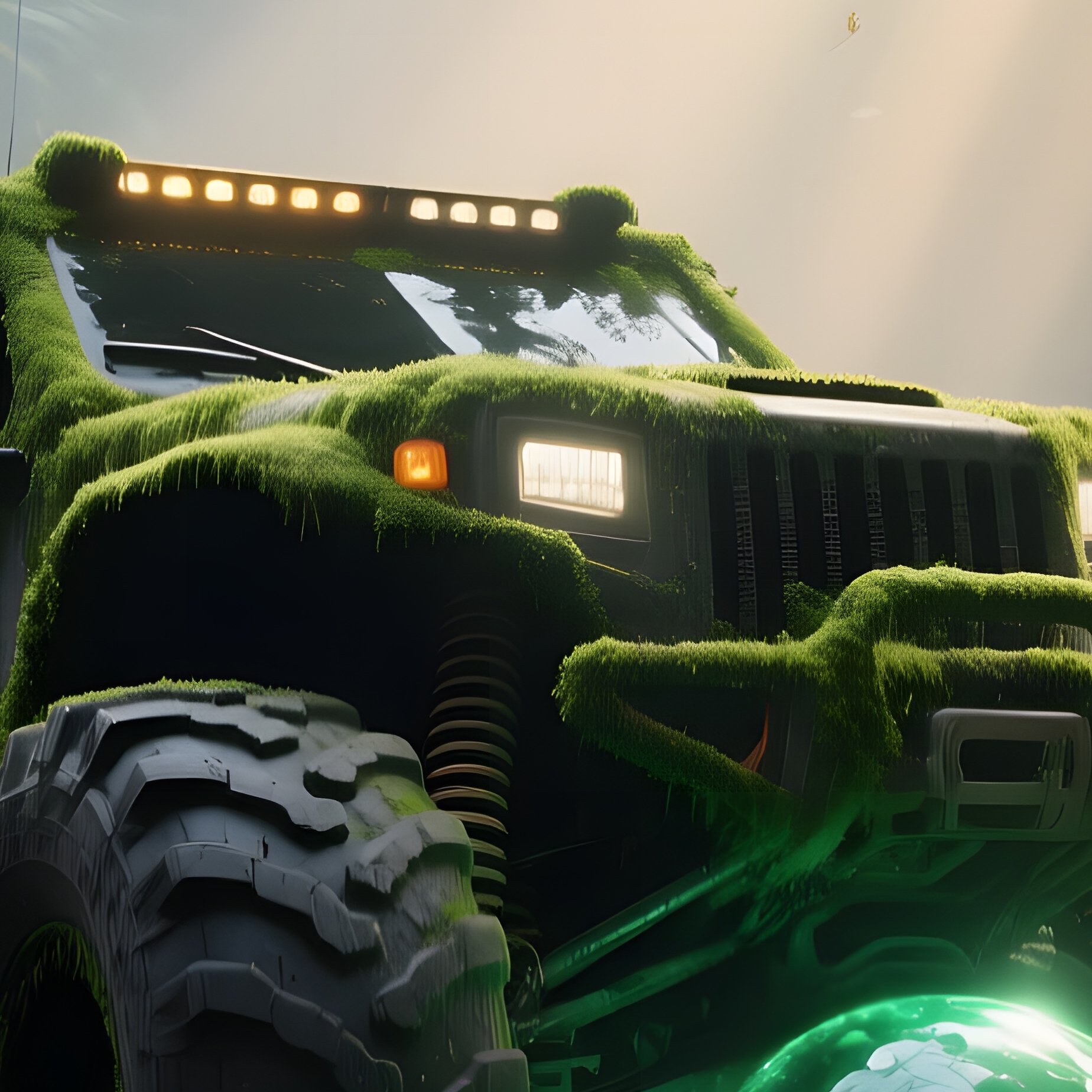 An Overgrown Jungle Clearing At Dawn, Moss‑Covered Off‑Road Vehicles With Towering Tires Pushing A - Full Resolution Quality Preview