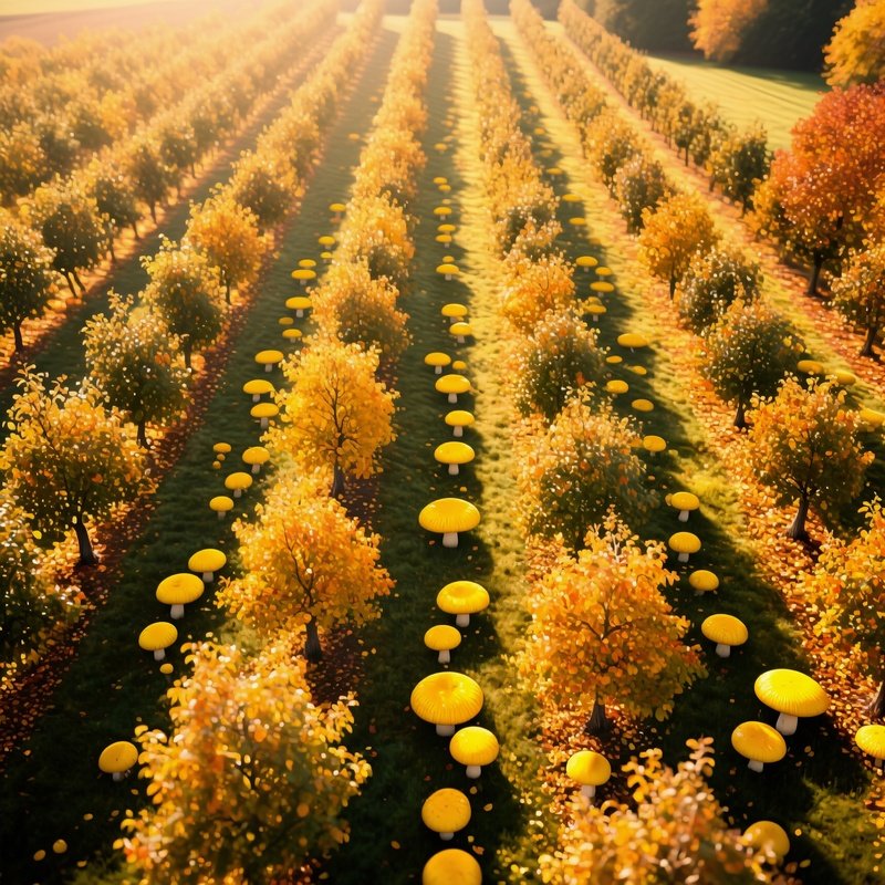 An Overhead Drone Shot Of A German Orchard In Autumn, Rows Of Trees Interspersed With Bright Yellow