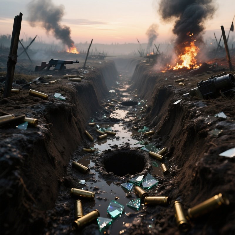 An Overhead Shot Of A Chaotic Battlefield Trench At Dusk, Mud‑Filled Shell Craters, Discarded
