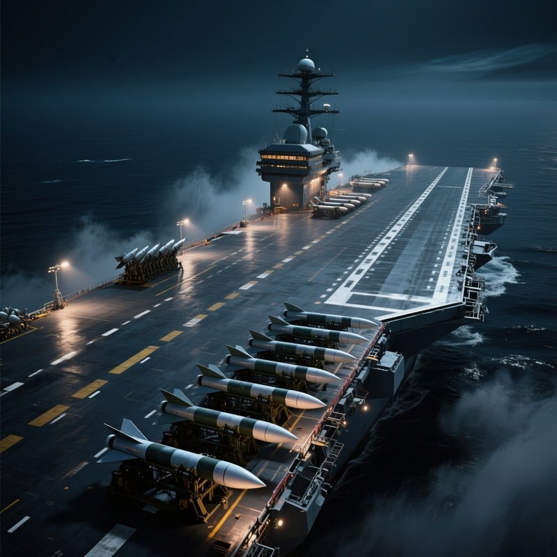 An Overhead View Of A Naval Aircraft Carrier Deck At Night, Illuminated By Floodlights, Rows Of