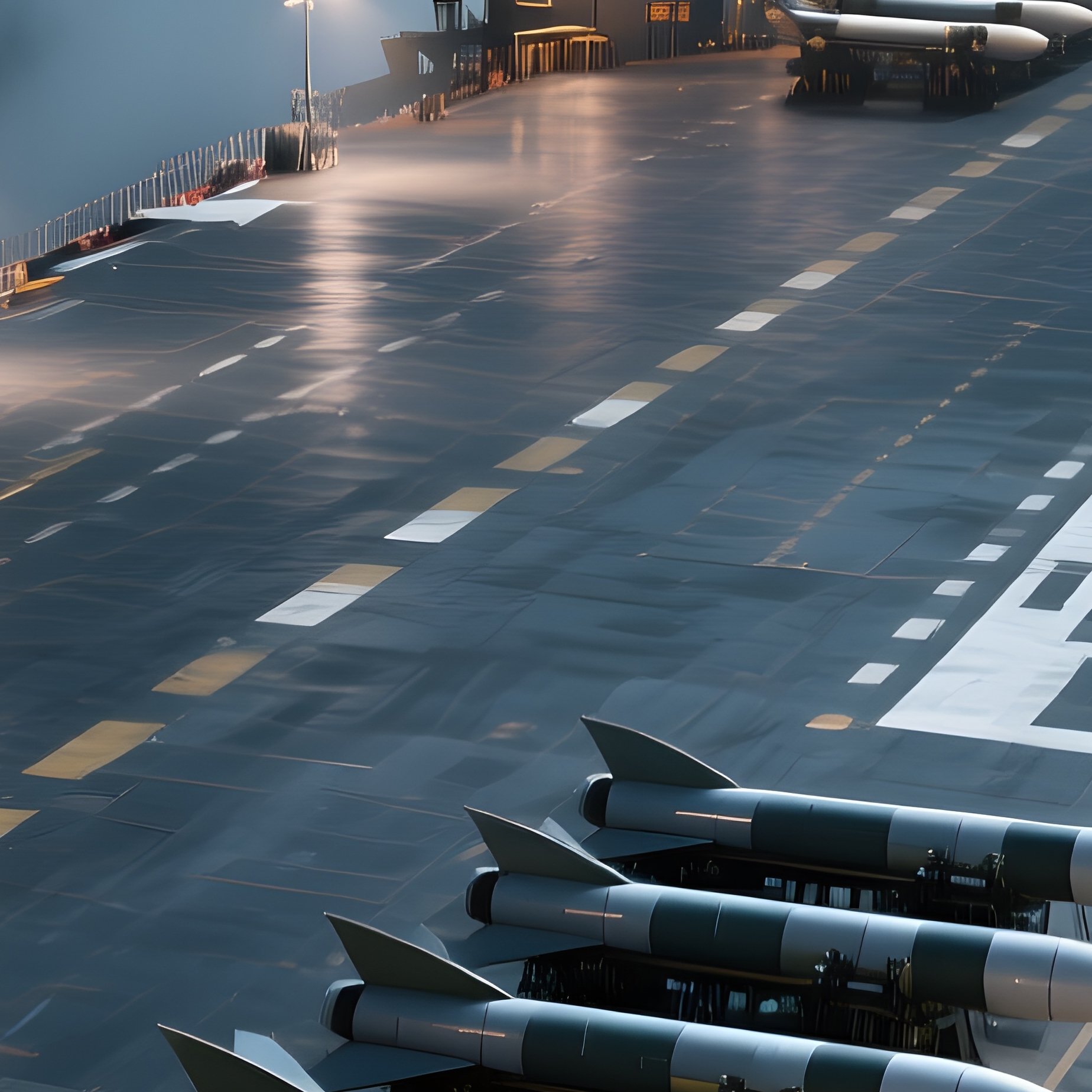 An Overhead View Of A Naval Aircraft Carrier Deck At Night, Illuminated By Floodlights, Rows Of - Full Resolution Quality Preview