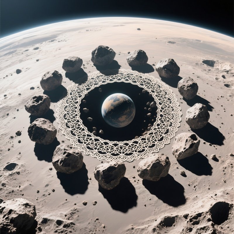 An Overhead View Of A Rotating Asteroid Ring System Around A Small Planet, Each Rock Casting Tiny