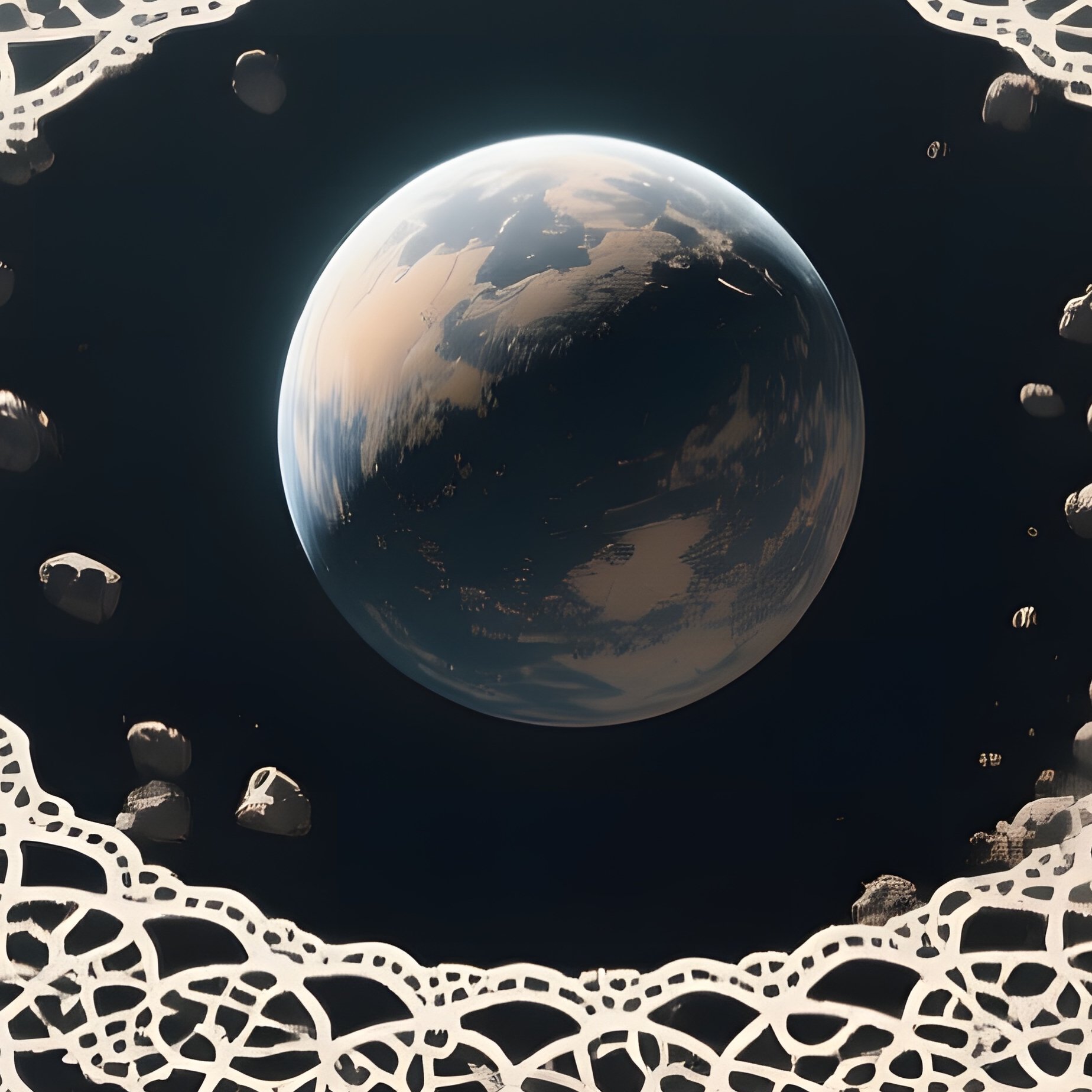 An Overhead View Of A Rotating Asteroid Ring System Around A Small Planet, Each Rock Casting Tiny - Full Resolution Quality Preview