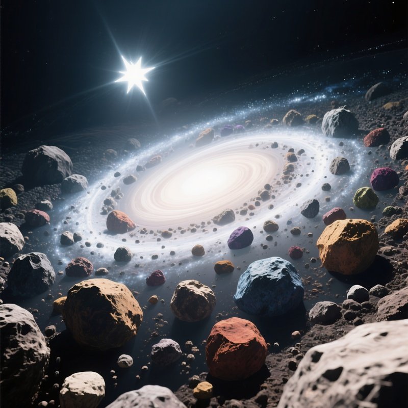 An Overhead View Of An Asteroid Field Shaped Like A Spiral Galaxy, Each Rock Varying In Size And