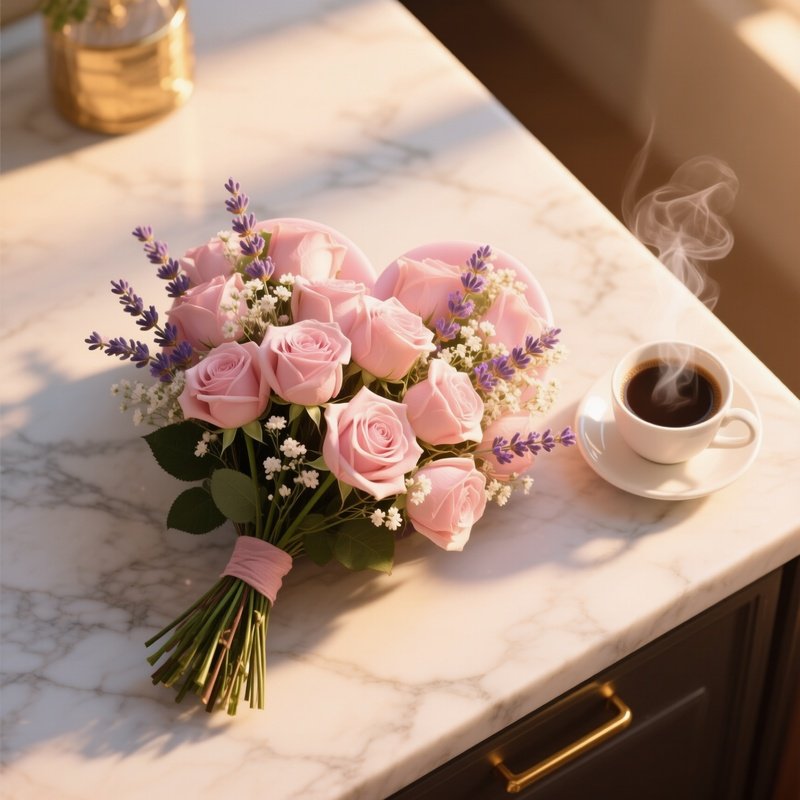 An Overhead View Of An Elegant Heart‑Shaped Bouquet Of Pastel Pink Roses, Lavender Sprigs, And