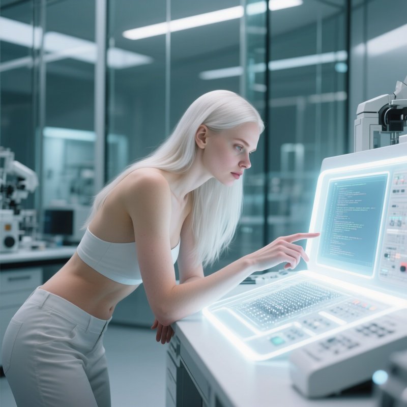An Ultra‑Modern Laboratory With Glass Walls, A Pale‑Skinned European Woman With Long Platinum Hair