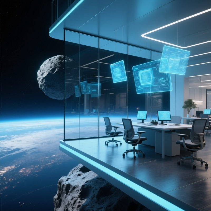 An Ultra‑Modern Open‑Plan Office Perched On An Artificial Platform Orbiting A Massive Asteroid,