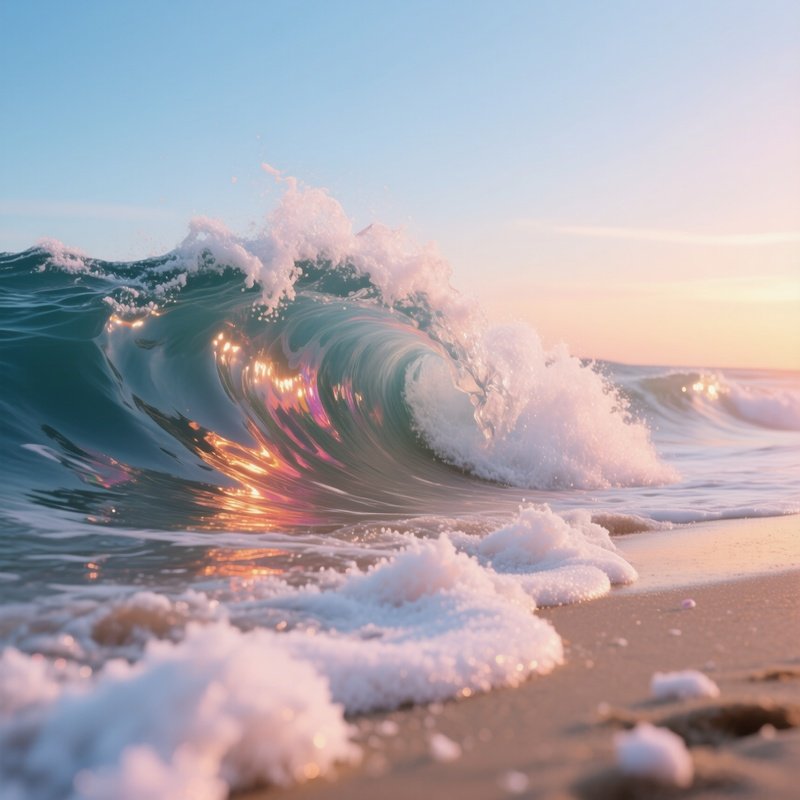 An Ultra‑Realistic Sugar Ocean Wave Crashing Onto A Beach Of Powdered Confectionery, With Sunrise