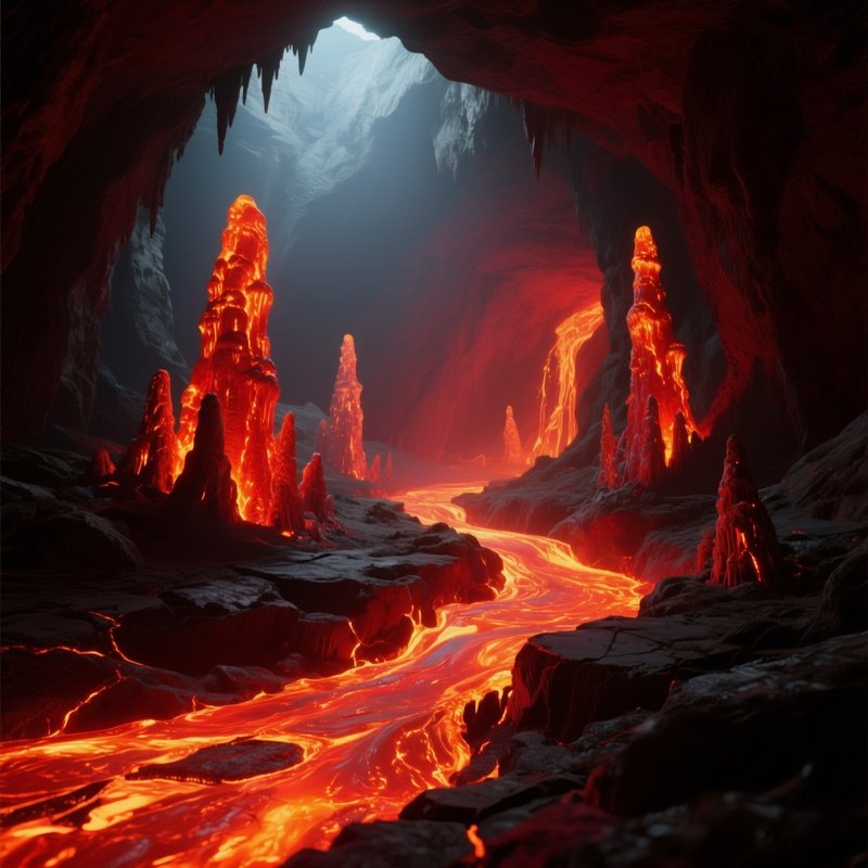 An Underground Cavern Illuminated By Molten Lava Flowing Through Cracks, Casting Intense Red And