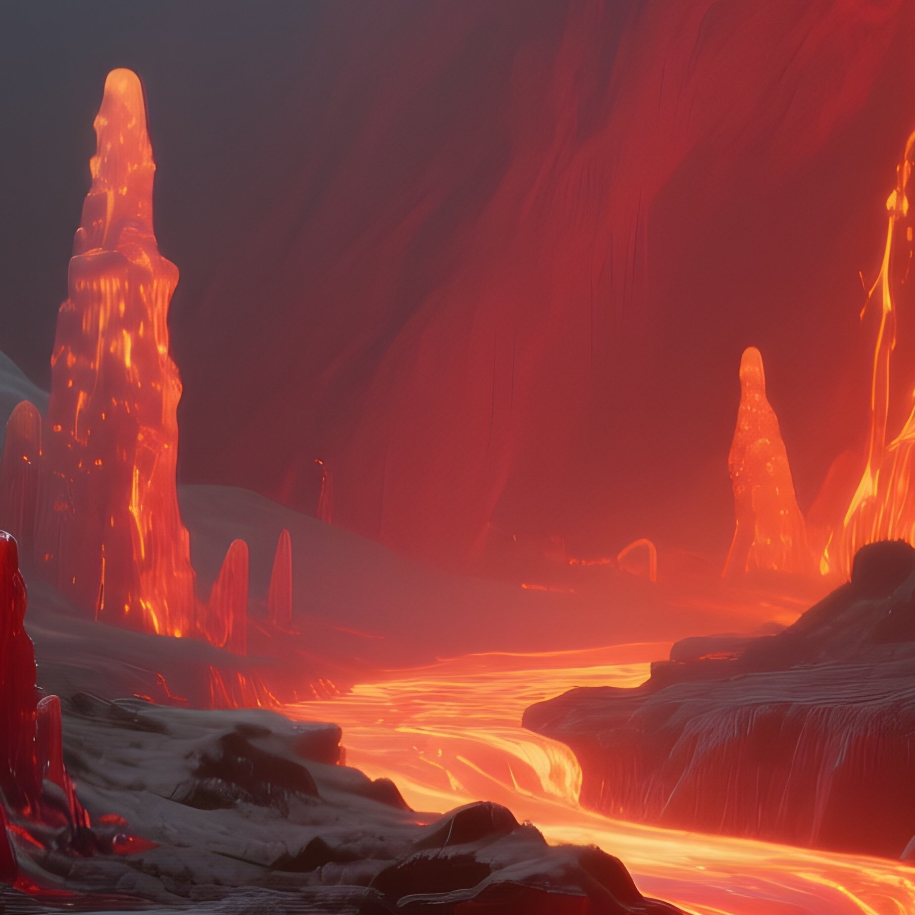 An Underground Cavern Illuminated By Molten Lava Flowing Through Cracks, Casting Intense Red And - Full Resolution Quality Preview