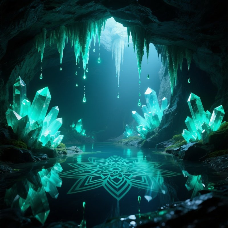 An Underground Crystal Cavern Illuminated By Natural Phosphorescence, Stalactites Drip Glowing