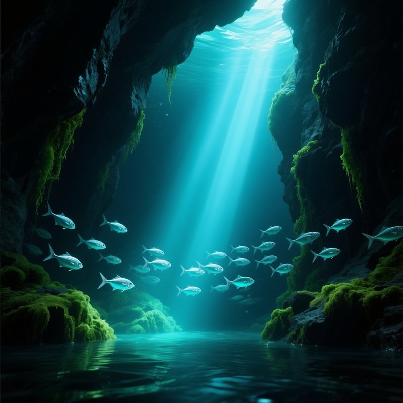 An Underwater Cavern Illuminated By A Single Shaft Of Sunlight Piercing The Surface, Revealing