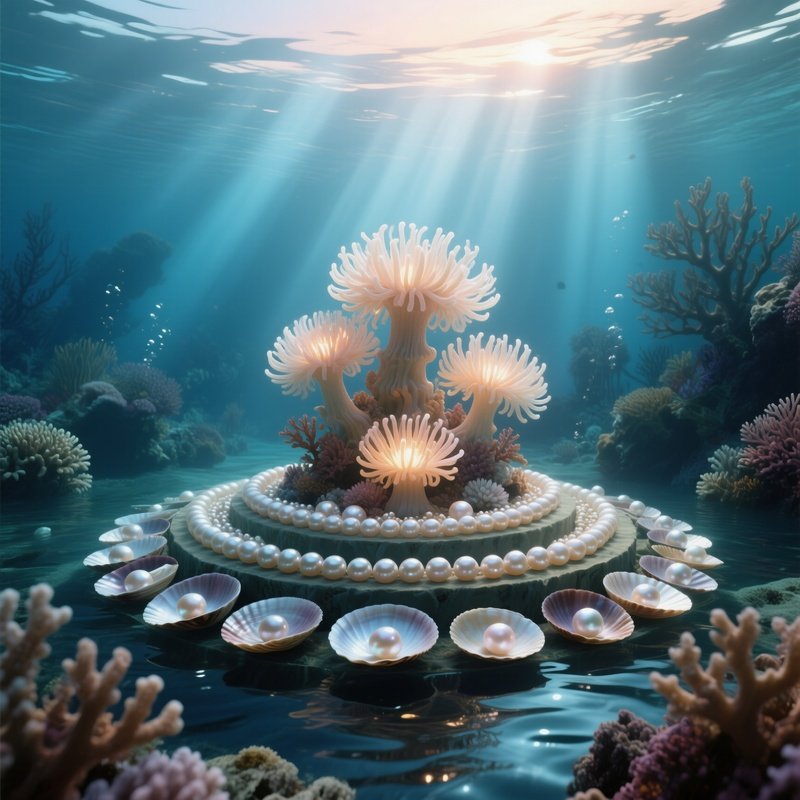 An Underwater Coral Reef Altar At Dawn, Luminous Sea Anemones Forming A Natural Altar Shape,