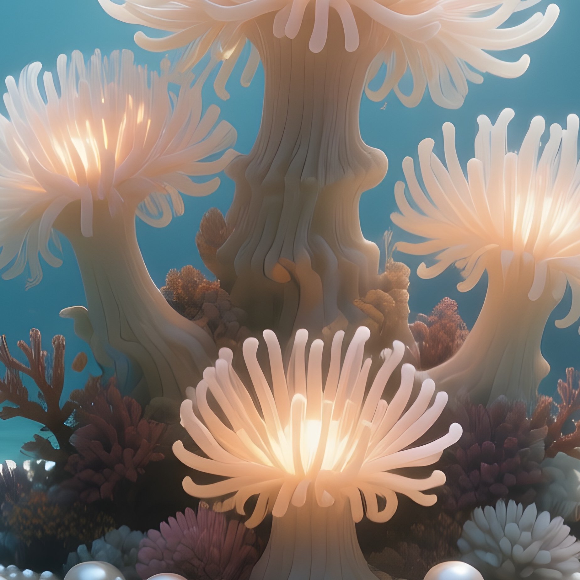 An Underwater Coral Reef Altar At Dawn, Luminous Sea Anemones Forming A Natural Altar Shape, - Full Resolution Quality Preview