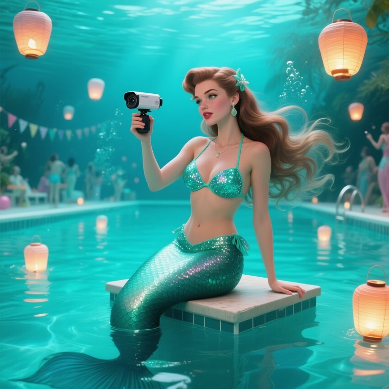 An Underwater Pool Party Scene With Turquoise Water, A Mermaid‑Themed Pin‑Up In A Shimmering