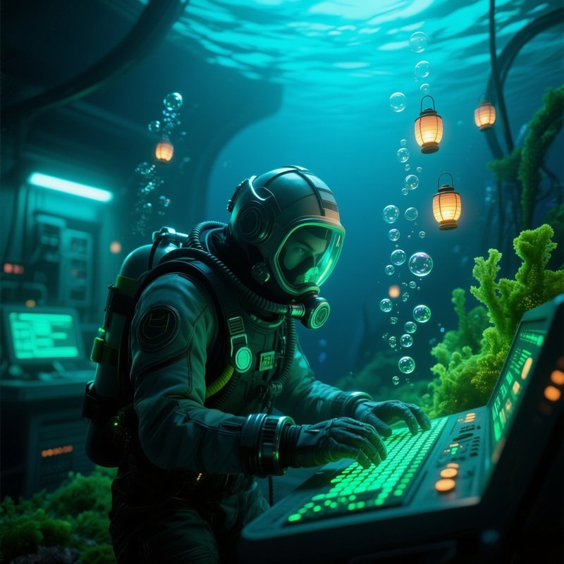 An Underwater Research Lab Illuminated By Bioluminescent Algae, A Diver‑Hacker In A Sealed Suit