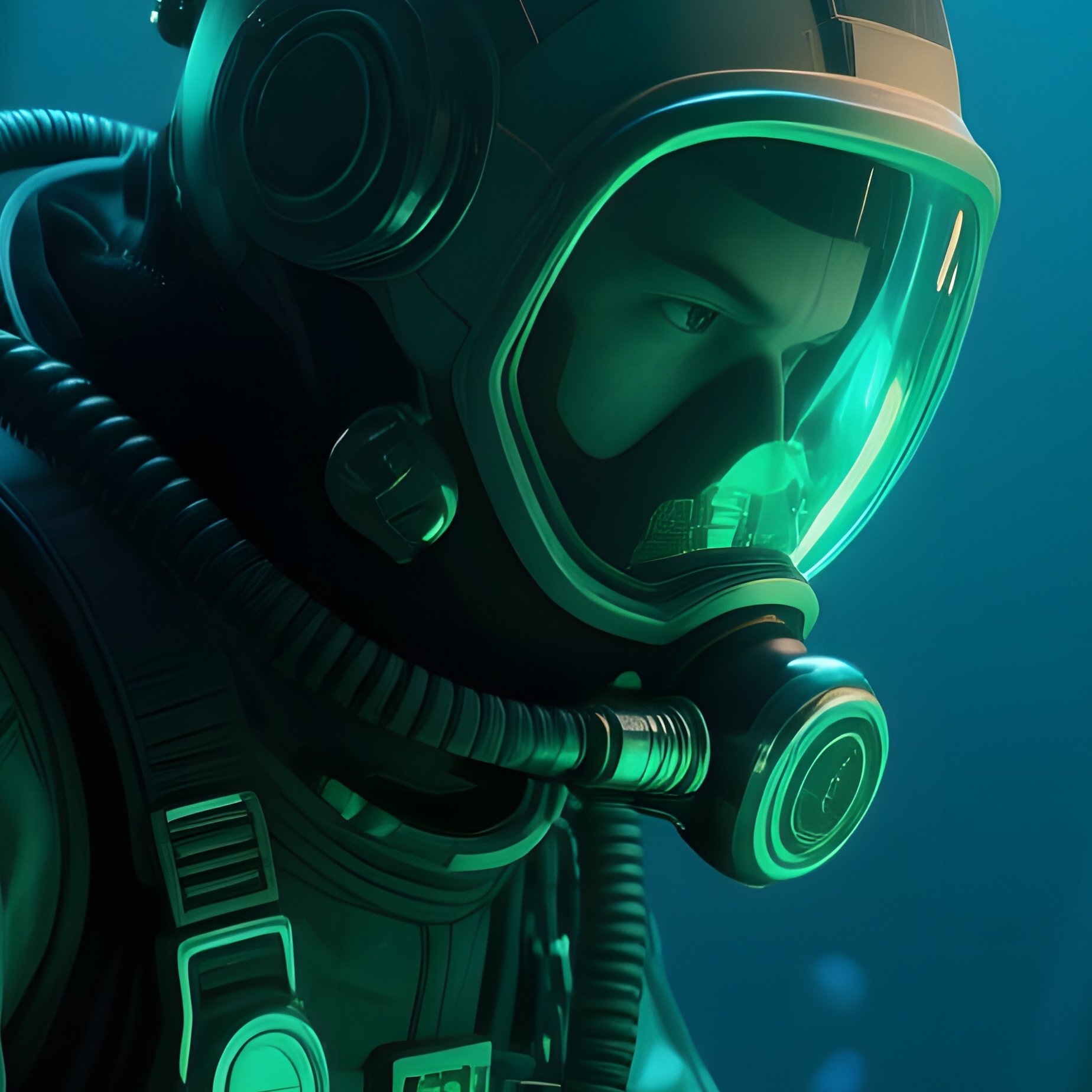 An Underwater Research Lab Illuminated By Bioluminescent Algae, A Diver‑Hacker In A Sealed Suit - Full Resolution Quality Preview