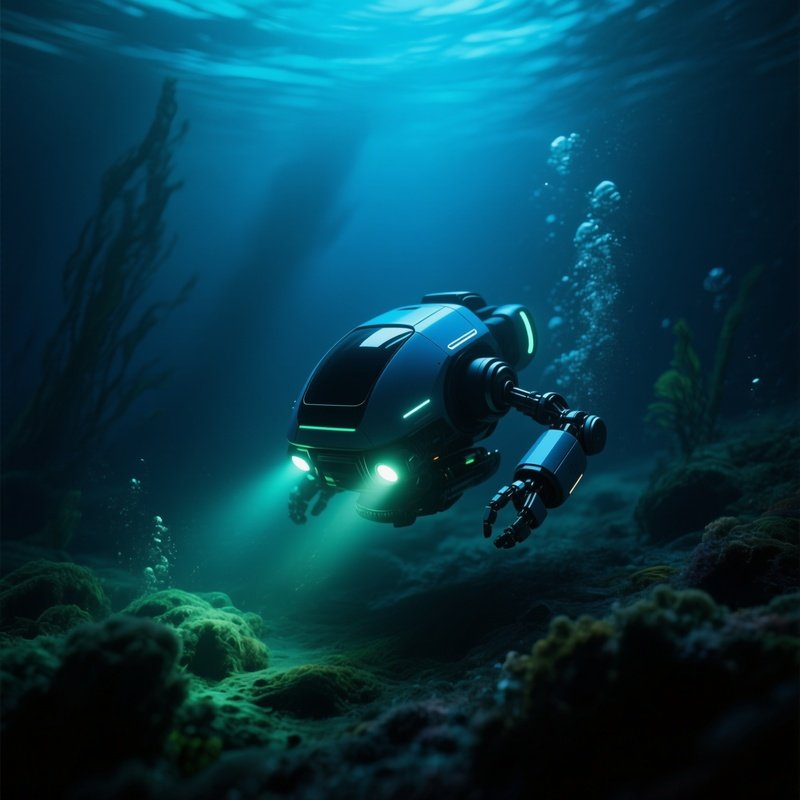 An Underwater Robot In Dark Ocean