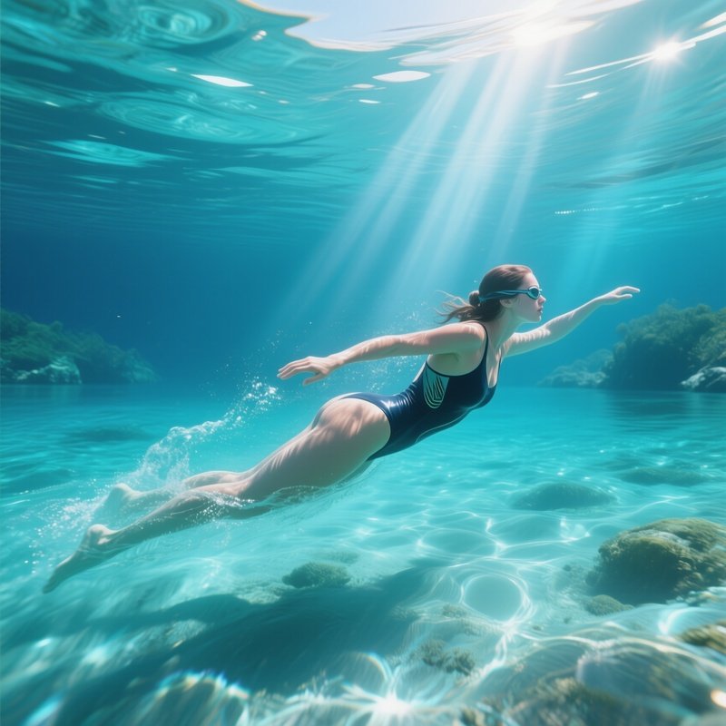 An Underwater Scene In A Crystal Clear Lagoon, A Female Swimmer Gliding Gracefully, Sunbeams