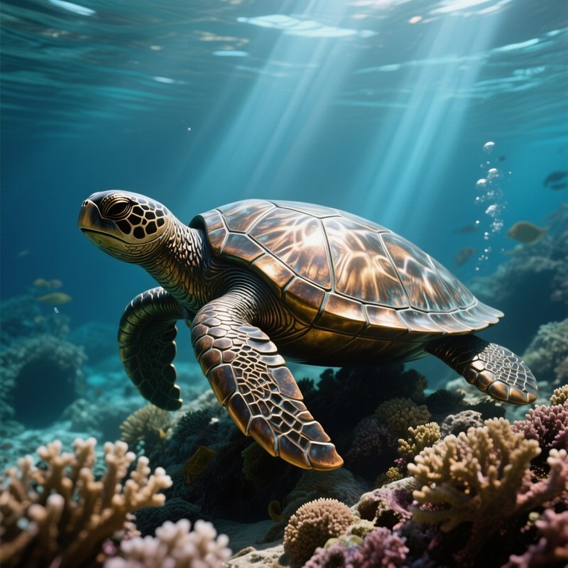 An Underwater Scene Showing A Coral‑Covered Bronze Sculpture Of A Sea Turtle, Shafts Of Filtered