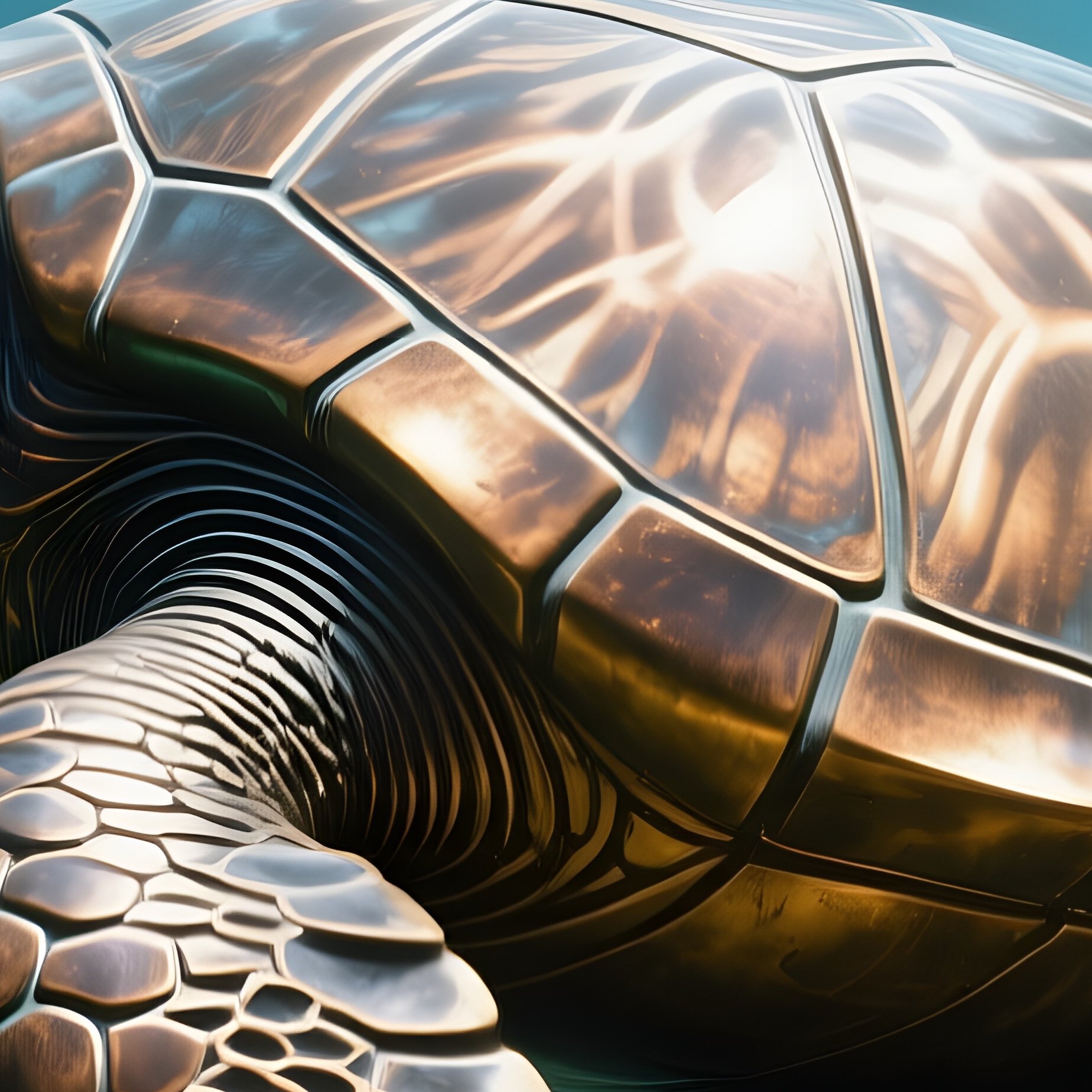 An Underwater Scene Showing A Coral‑Covered Bronze Sculpture Of A Sea Turtle, Shafts Of Filtered - Full Resolution Quality Preview