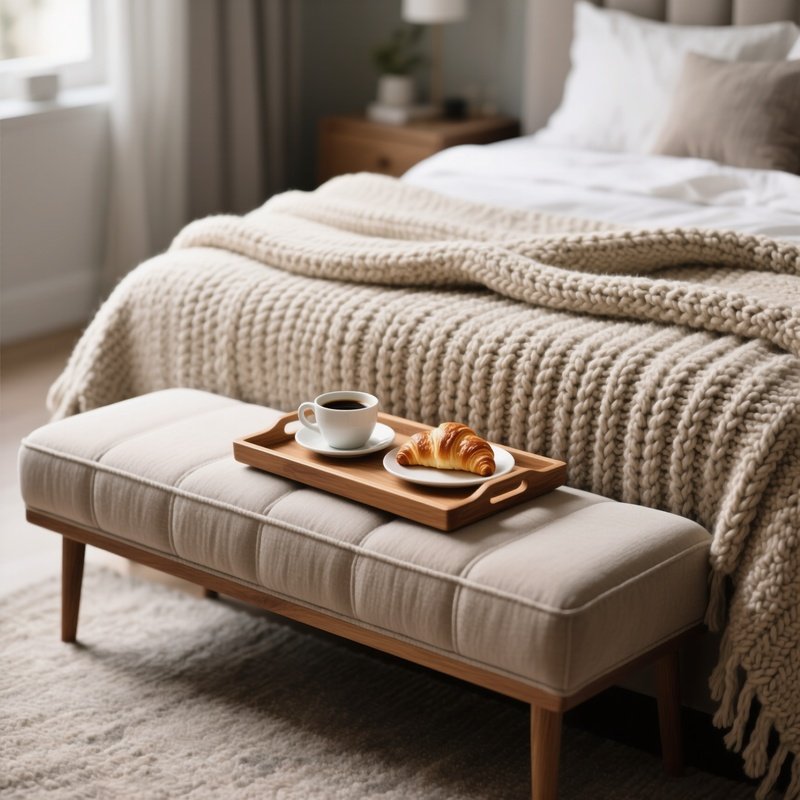 An Upholstered Bedroom Bench Placed At The Foot Of A Bed, Covered In A Chunky Textured Knit Throw Blanket And Holding A Wooden Breakfast Tray With Coffee And Croissants.