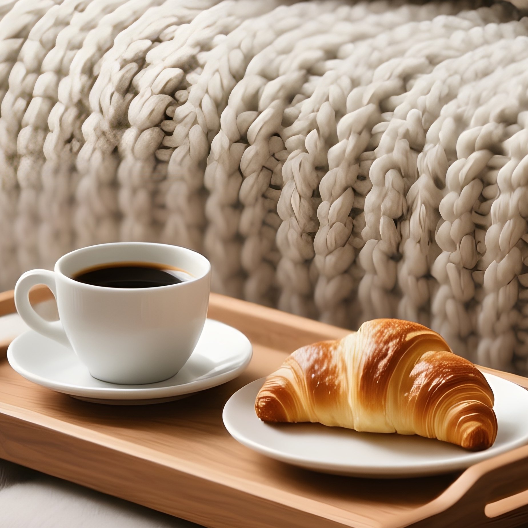 An Upholstered Bedroom Bench Placed At The Foot Of A Bed, Covered In A Chunky Textured Knit Throw Blanket And Holding A Wooden Breakfast Tray With Coffee And Croissants. - Full Resolution Quality Preview