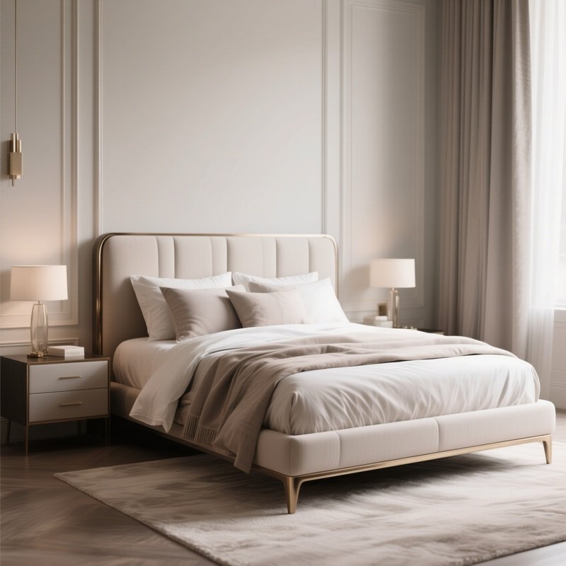 An Upscale Bedroom Scene Highlighting A Designer Bed Frame And Soft Layered Bedding