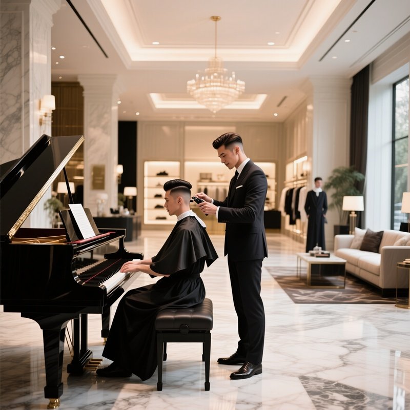 An Upscale Boutique Hotel Lobby With Marble Floors And A Grand Piano; A Guest Receives A Refined